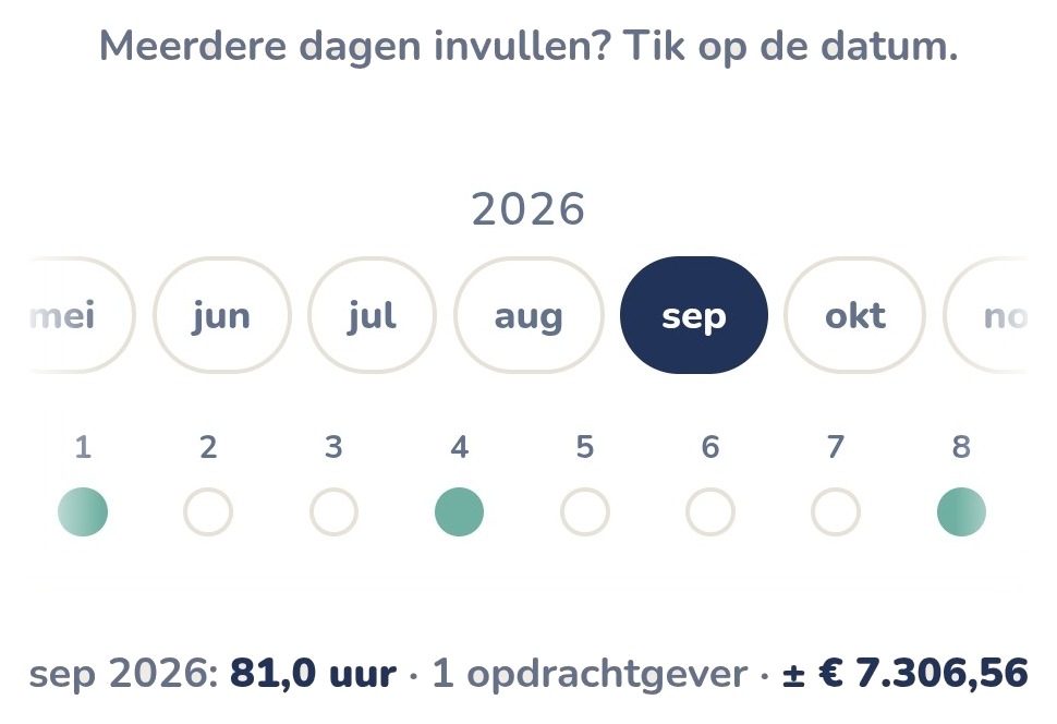 De maandstrip: september met vier aangevinkte dagen en het maandtotaal van 81 uur