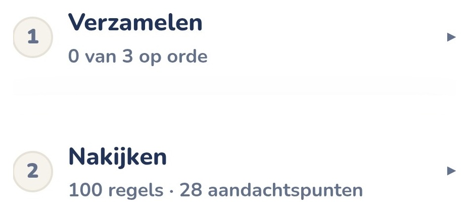 De stappen verzamelen en nakijken, met het aantal regels en aandachtspunten