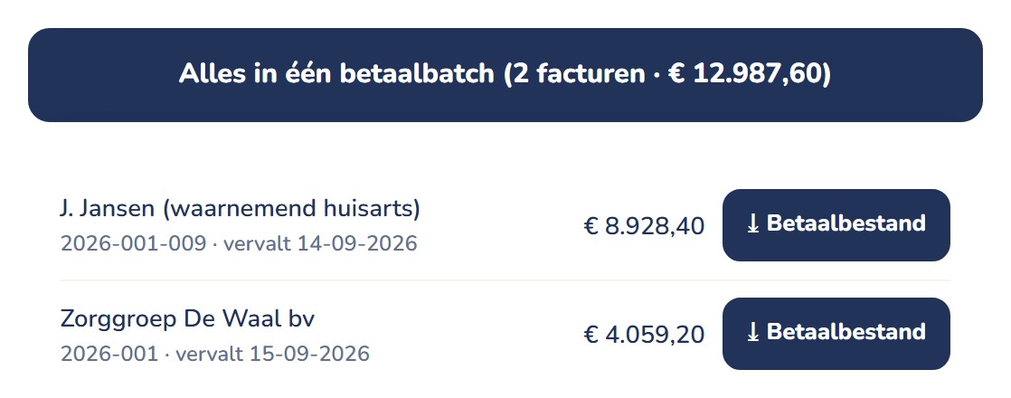 Alles in één betaalbatch: twee goedgekeurde facturen met bedrag, vervaldatum en een knop om het betaalbestand te downloaden