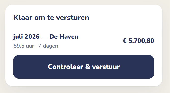 Maandoverzicht: alle julidagen voor De Haven met uren, tarief en regelbedrag