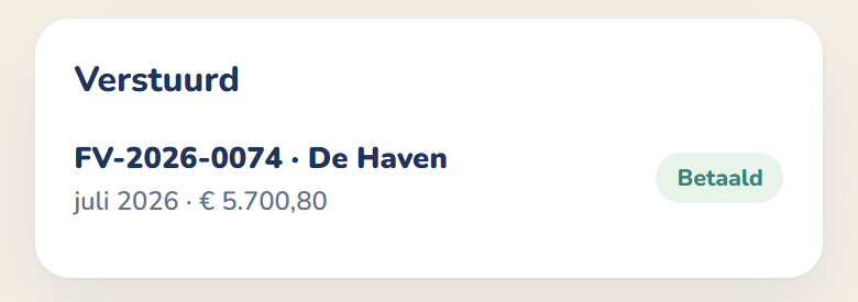 Factuuroverzicht: FV-2026-0074 voor De Haven met status Betaald