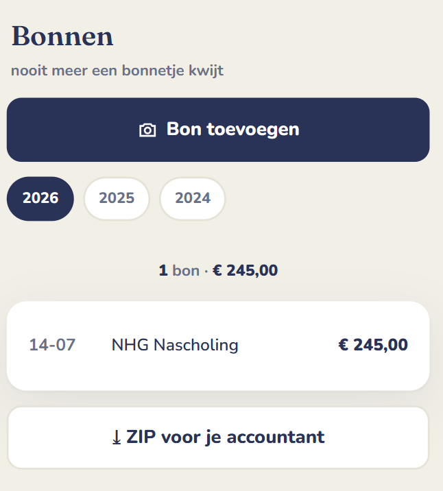 Bon opgeslagen bij boekjaar 2026: NHG Nascholing € 245,00