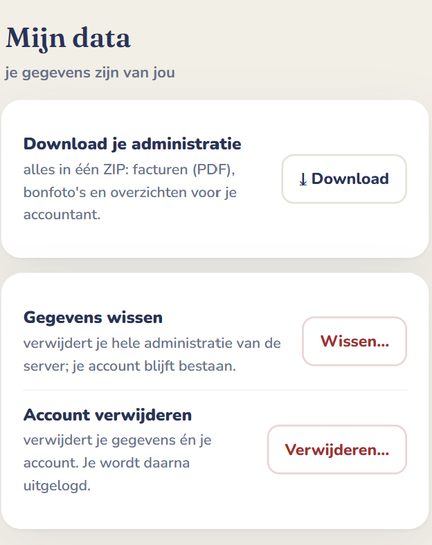 Mijn data: administratie downloaden, gegevens wissen of account verwijderen