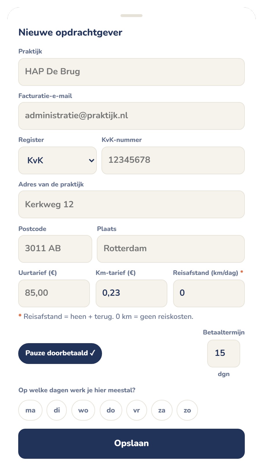 Nieuwe opdrachtgever: praktijk, factuuradres, KvK, adres, uurtarief, reiskosten, betaaltermijn en de dagen waarop je er werkt