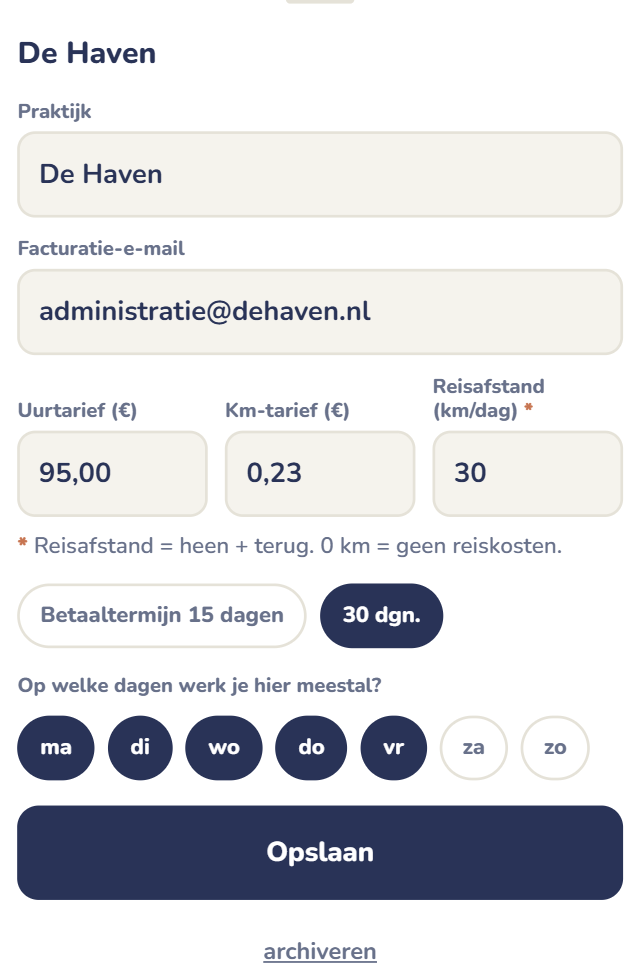 Opdrachtgevers invullen: tarief, factuuradres, betaaltermijn en reiskosten